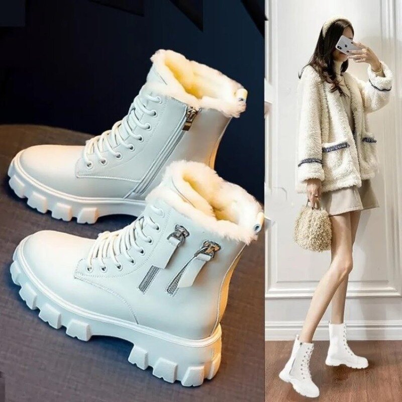 Sepatu bot salju wanita musim dingin 2023 baru mewah beludru sepatu wanita hangat pergelangan kaki sepatu katun tebal berbulu hitam PU sepatu bot kulit