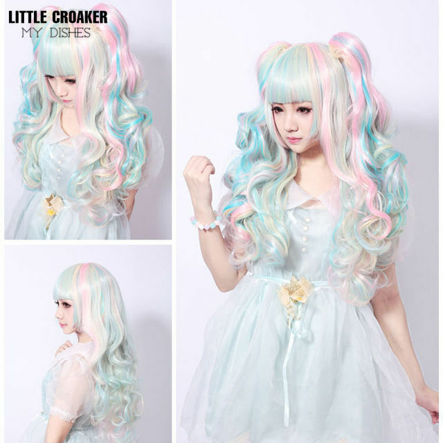 Long Wavy Anime Cosplay Lolita Wig Blue Blonde Pink Ombre Two Ponytails Girls Kawaii Anime Accessories Wigs for Women