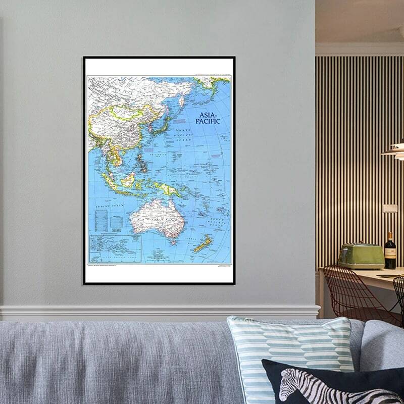 A2ขนาด World แผนที่ภาพวาดผ้าใบพิมพ์ศิลปะบนผนังแผนที่เอเชียแปซิฟิก1989 Edition Home Living Kertas Dinding Kamar การตกแต่งบ้าน
