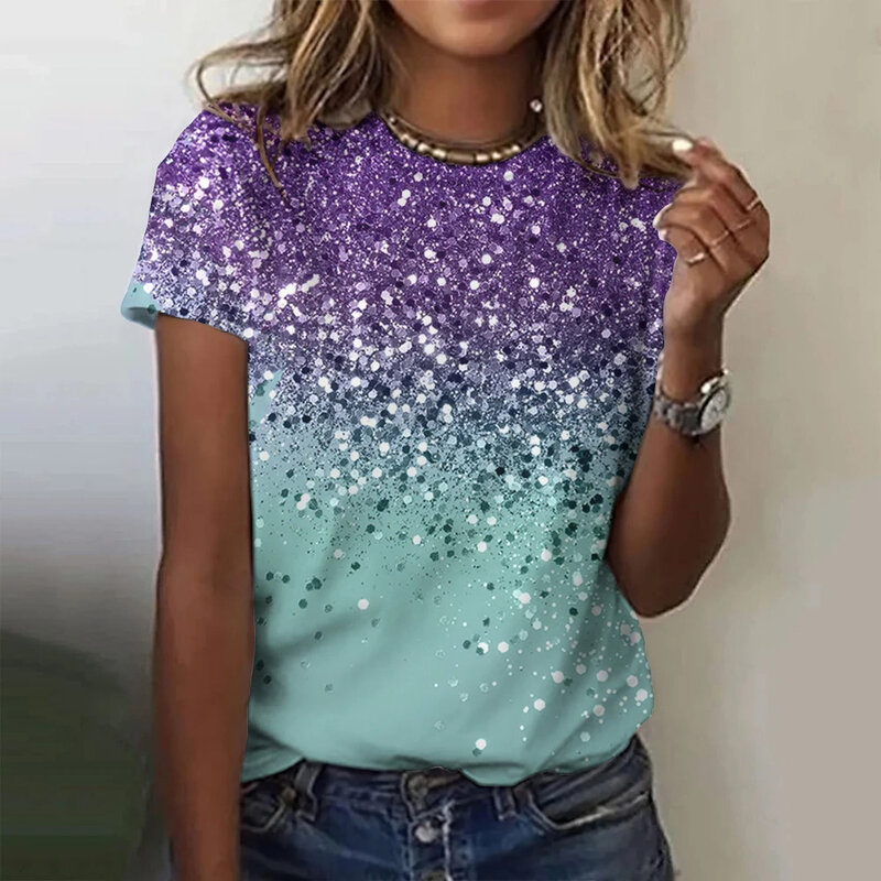 Женская футболка с круглым вырезом, модный летний Свободный Топ с цветным принтом и коротким рукавом, женская футболка