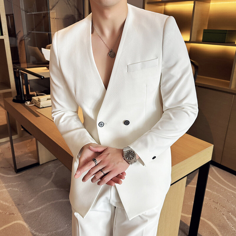 Sexy Collarless Suit Two-Piece Suit ~ Fashion Seamless V-neck Design Sense Trendy Handsome Thin Suit