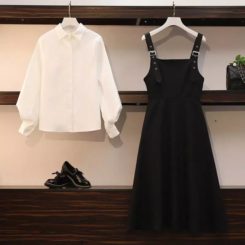 Новый женский комплект большого размера, костюм на весну и осень, Женская модная рубашка + платье, Женский комплект из двух предметов