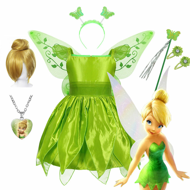 Disney Tinker Bell Dress for Girl Green Puff Costume Children Fansy Cosplay Ball Gown Party Carnival Dress Up Outfit Kid Vestido