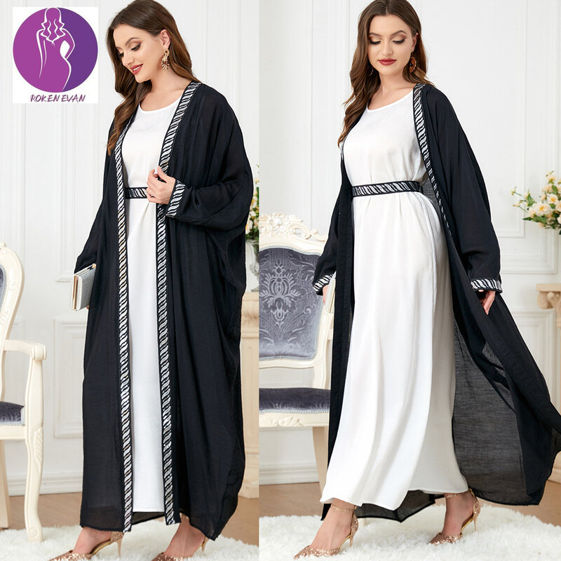 ROKEN EVAN 2022 Autumn Muslim Arabic Dress Gold Ribbon Coat Dress Long Dress Wedding Abaya Dress Maxi Dress Black Kaftan