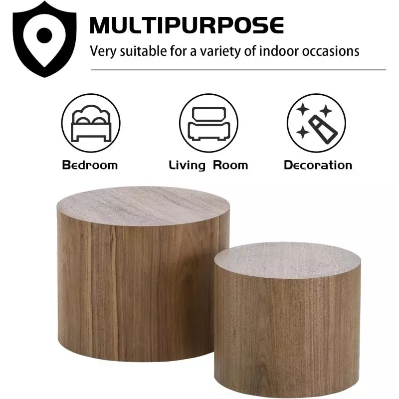 WILLIAMSPACE Nesting Coffee Table Set of 2, Walnut Round Wooden Coffee Tables Modern Circle Table for Small Space Living Room Be