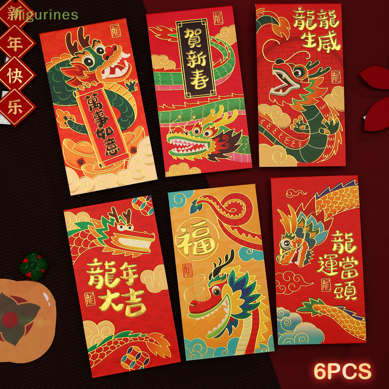Paquete de 6 piezas de Año Nuevo, sobre rojo con patrón de dragón, bolsa de dinero de la suerte, bolsas de dinero, embalaje DIY, bolsillo de dinero de los mejores deseos, 2024
