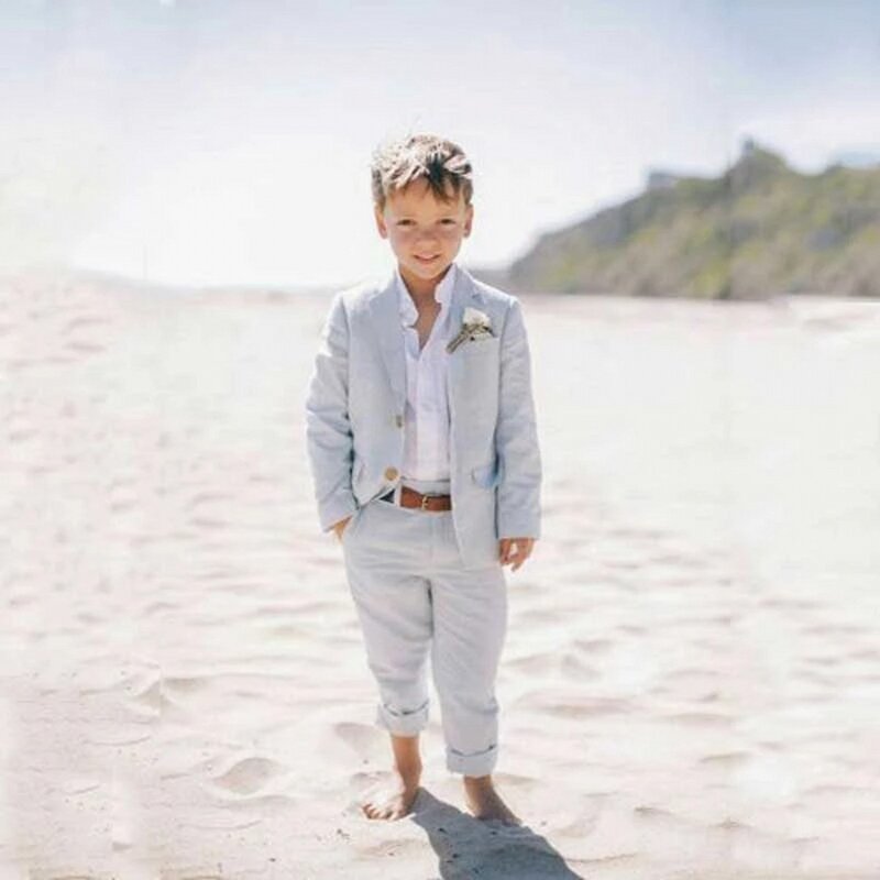 Blue Linen Boys Suits For Beach Hobo Wedding Clothing Kids Birthday Party Formal Outfits Sets Ring Bearer  (Jacket +Pants+Bow))