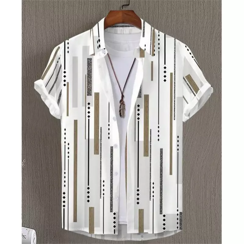 Camisas a rayas con estampado 3D para hombre, blusa hawaiana básica de manga corta con solapa, botón gráfico, moda de verano