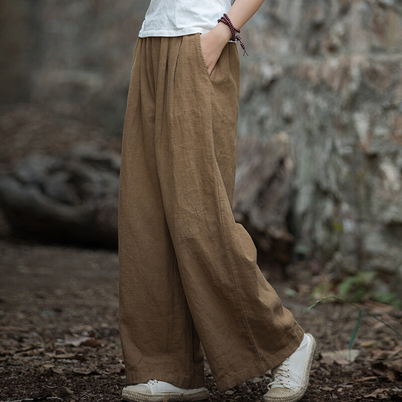 Celana panjang PT-537 wanita, bawahan katun Linen Vintage kaki lebar kasual longgar gaya China nyaman bernafas