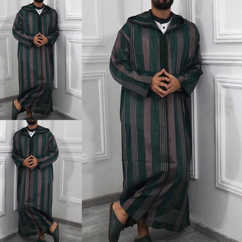 Robe à capuche à manches longues pour hommes, vêtements rayés, robe décontractée, dubaï, jubba, caftan, patchwork musulman, saoudien, arabe
