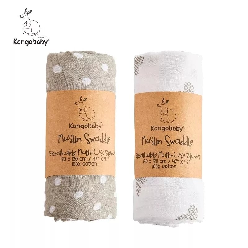 Kangobaby New Design 2pcs Set Double Layers 100% Cotton Newborn Baby Muslin Swaddle Blanket
