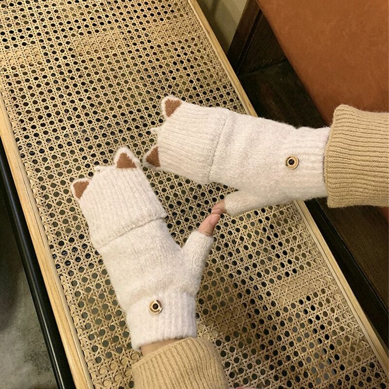 Trzymaj ciepło rękawiczki z dzianiny modne elastyczne rękawice miękki pluszowy urocze kocie uszy rękawiczki bez palców na pół palca jesień zima