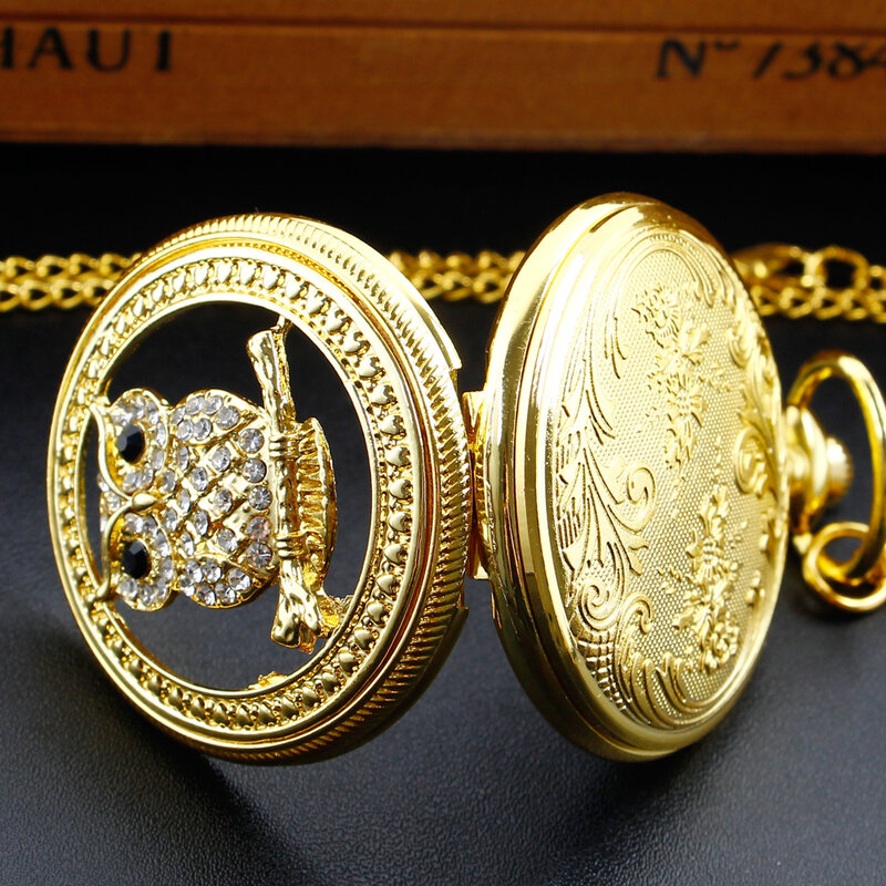 Neue Luxus Gold Vintage Eule weiß Zifferblatt Quarz Taschenuhr Halskette Kette Geschenk für Männer Frauen