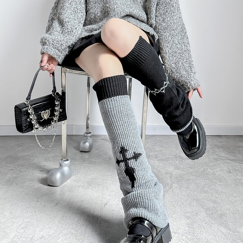 Women Leg Socks Gothic Y2K Accessories Striped Stars Leg Warmers Knitted Socks Girl Leg Protector Stocking Loose Fit Leg Cover