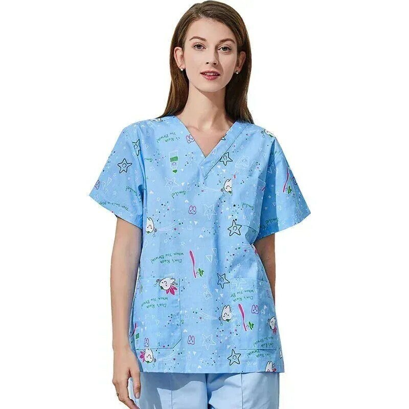Uniforme d'infirmière à manches courtes pour femmes, vêtements de travail à col en V, manteau d'allaitement, t-shirt de gIslande, haute qualité, imprimé, dentiste