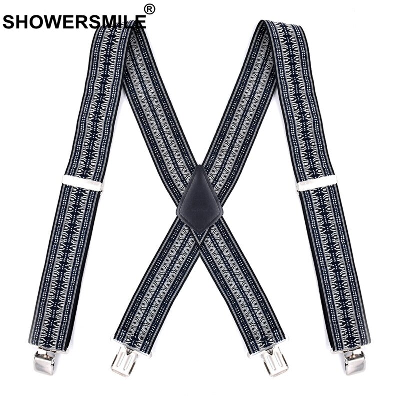 Showersmile vintage suspensórios largos 5cm 4 clipes x voltar cintas para calças elástico cinza geometric masculino camisa suspensórios 120cm