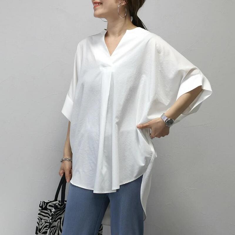 Camiseta feminina com decote em v, blusa de manga curta, costas curtas dianteiras, pulôver longo para trabalho ou rua, elegante