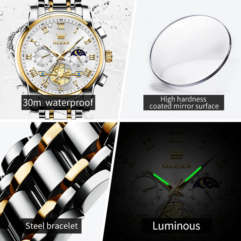 OLEVS jam tangan pasangan merek Top, arloji Stainless Steel tahan air kronograf fase bulan Flywheel desain, jam tangan kekasih untuk pria wanita