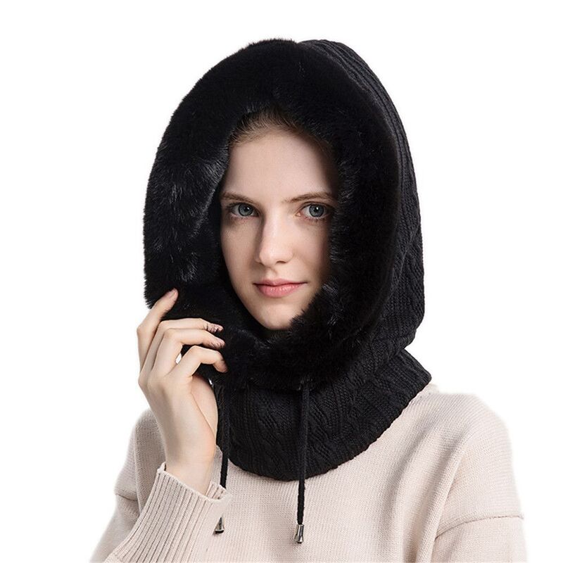 Women Cashmere Beanies Warm Ski Hat Fur Cap Neck Warmer Knitted Hooded