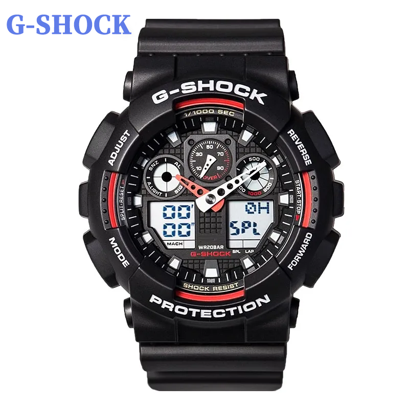 G-SHOCK jam tangan pria, arloji kuarsa seri GA-100 olahraga multifungsi tahan guncangan tampilan ganda LED