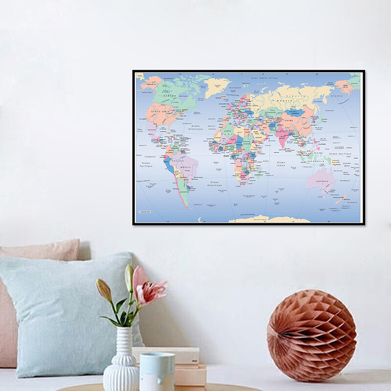 Классическая Карта мира с политическим распределением во Франции 84*59 см Нетканая Картина на холсте для дома декоративные настенные картины
