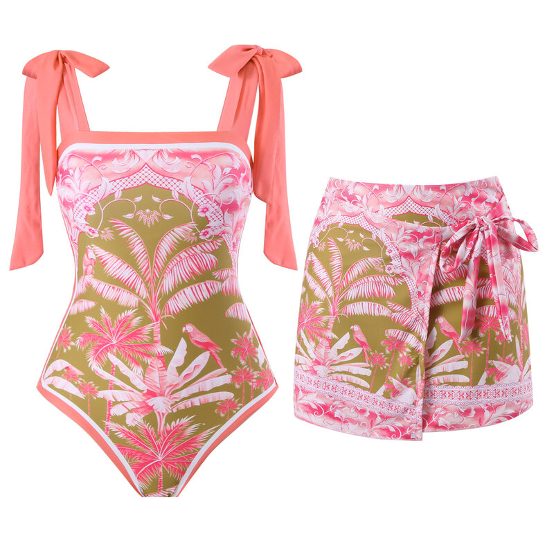 Traje de baño de una pieza para mujer, conjunto de Bikini estampado, falda de playa, traje de baño de poliéster, vestido Maxi