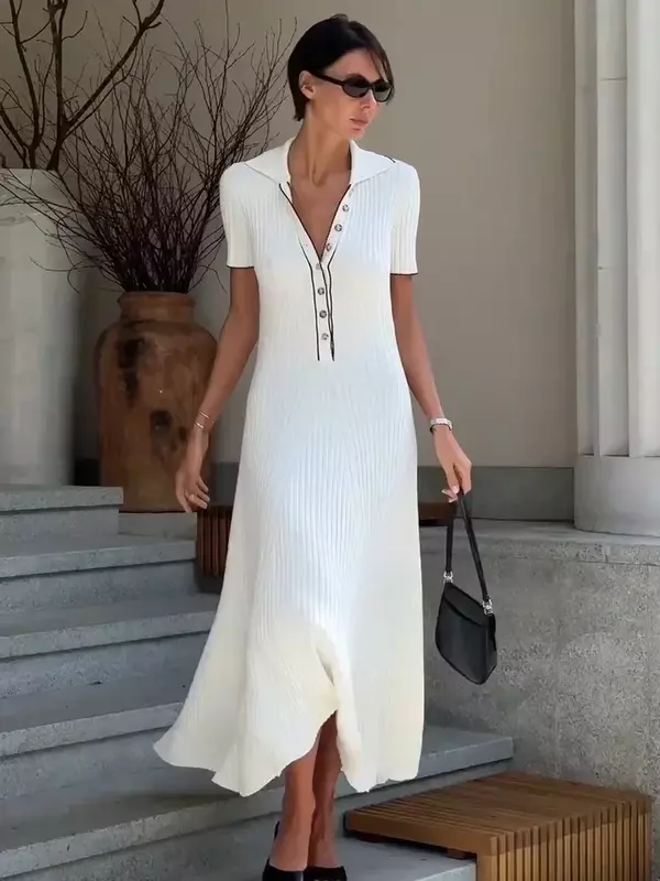 Tossy White Knit Fashion Maxi Dress per le donne manica corta Patchwork elegante abito da festa bavero a vita alta maglieria abito da donna