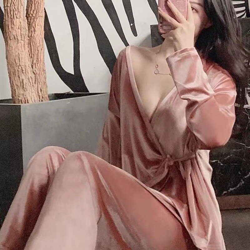Pajamas Female Spring and Autumn Kimono Sex Appeal Long Sleeve Loungewear Two-piece Canary Velvet Solid Color Lacing traf