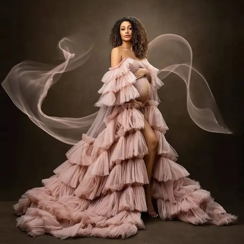 Layered Maternity Dresses for Baby Shower Tulle Dusty Pink Ruffles Long Off Shoulder Photo Shoot Maternity Gowns Women Bathrobe