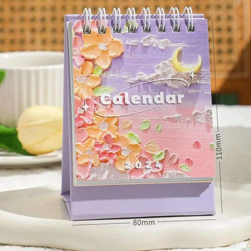 Pintura a óleo bonito Desk Calendar, pequeno calendário mensal, planejamento do trabalho, lista de afazer, portátil Calendar Table, 2024