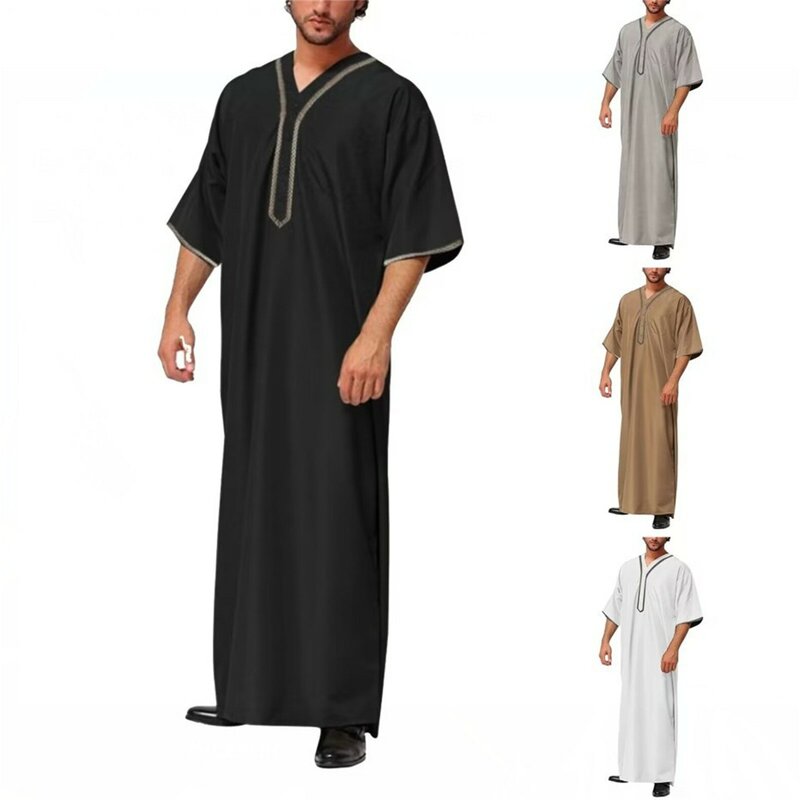 Summer Men'S Muslim Clothing Simple Solid Color Patchwork Button V-Neck Loose Robe Daily Casual All-Match Straight Jubba Thobe