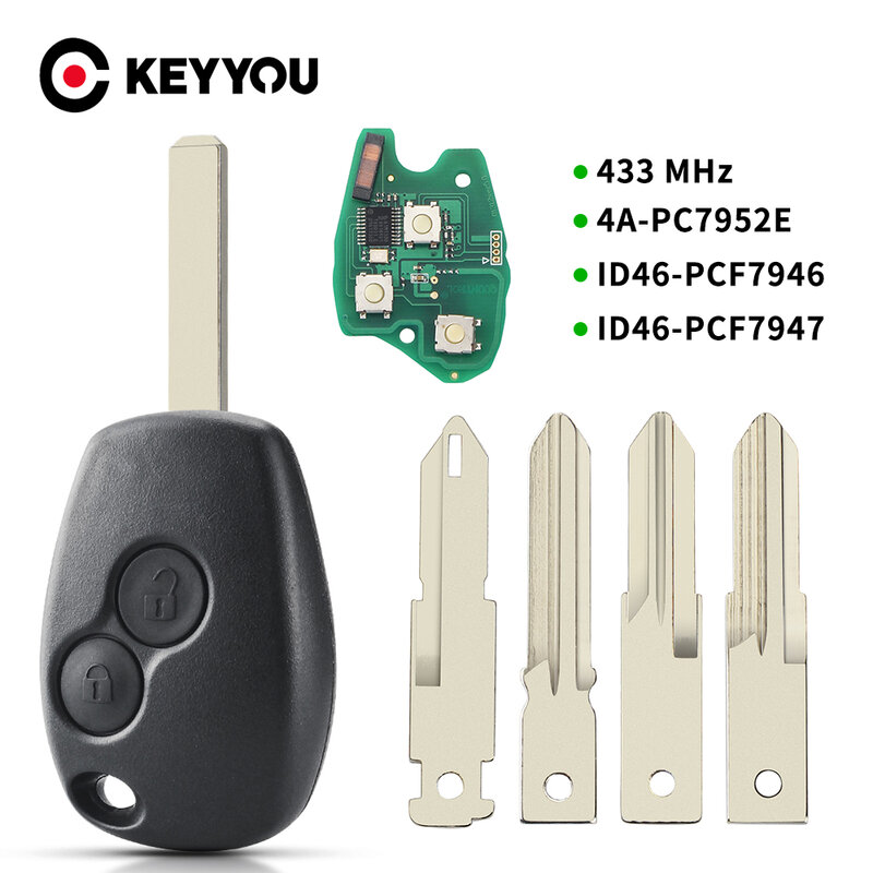 Keyyou chave remota 2 botões para renault duster modus clio 3 twingo dacia logan sandero kangoo 433mhz pcf7946/pcf7947/pcf7952e