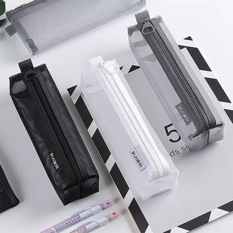 Singple Gray Black Makeup Case Large Capacity Mash Transparent Cosmetic Brush Bags Students Three-dimensional Nylon Pencil Case