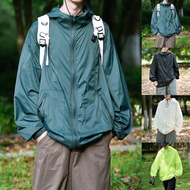 Giacche di protezione solare da uomo estate sottile sciolto di grandi dimensioni Design con cerniera abbigliamento da sole pesca all'aperto giacche con cappuccio da campeggio