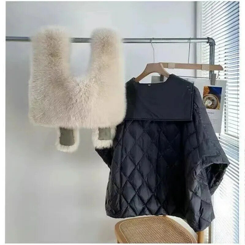 여성 모피 코트 탈부착 가능 네이비 칼라 다운 패딩 재킷, 학교 극복, 초대형 인조 여우 털, 2022 겨울 신상