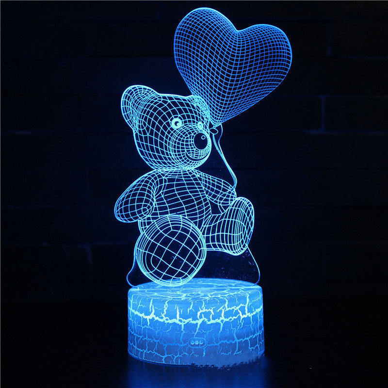 Lampu malam 3D Love Bear 16 warna, lampu meja akrilik LED kendali jarak jauh Sentuh dekorasi ruang rumah lampu meja hadiah liburan ulang tahun