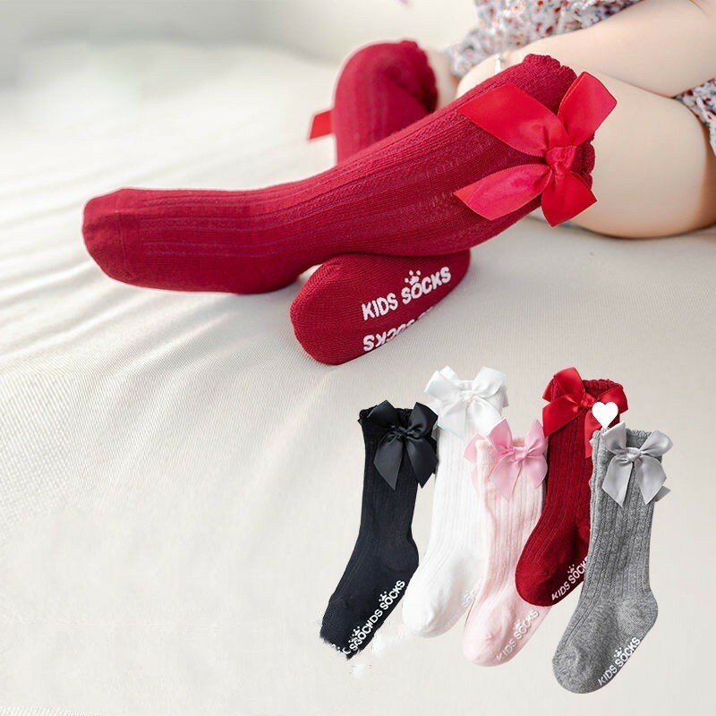 Calcetines largos hasta la rodilla con lazo para niños y niñas, medias suaves antideslizantes de algodón, 0 a 4 años
