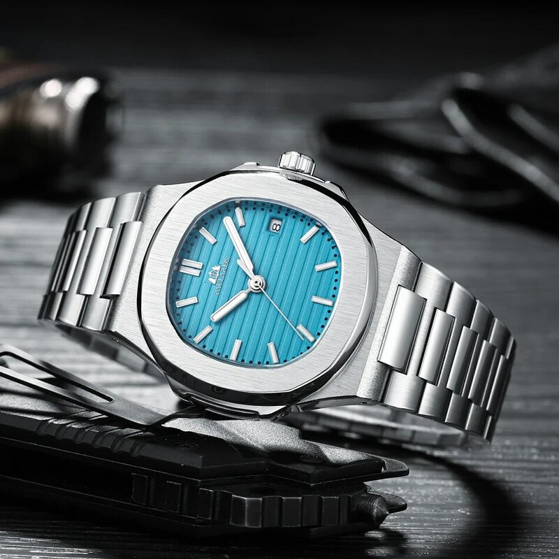 Automatyczny automatyczny wiatr mechaniczny Luminous stal nierdzewna niebieski szary Coffe czarny biały Dial prosty biznesowy zegarek męski