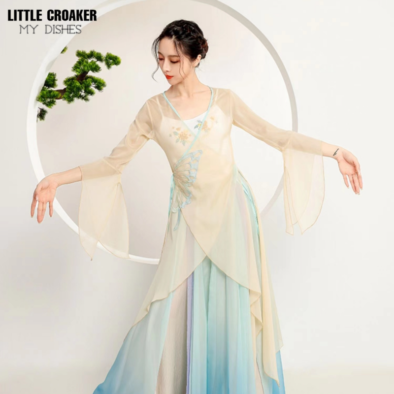 Gaun dansa klasik, kostum pertunjukan tari etnik Tiongkok, pakaian latihan kain kasa gradien kupu-kupu