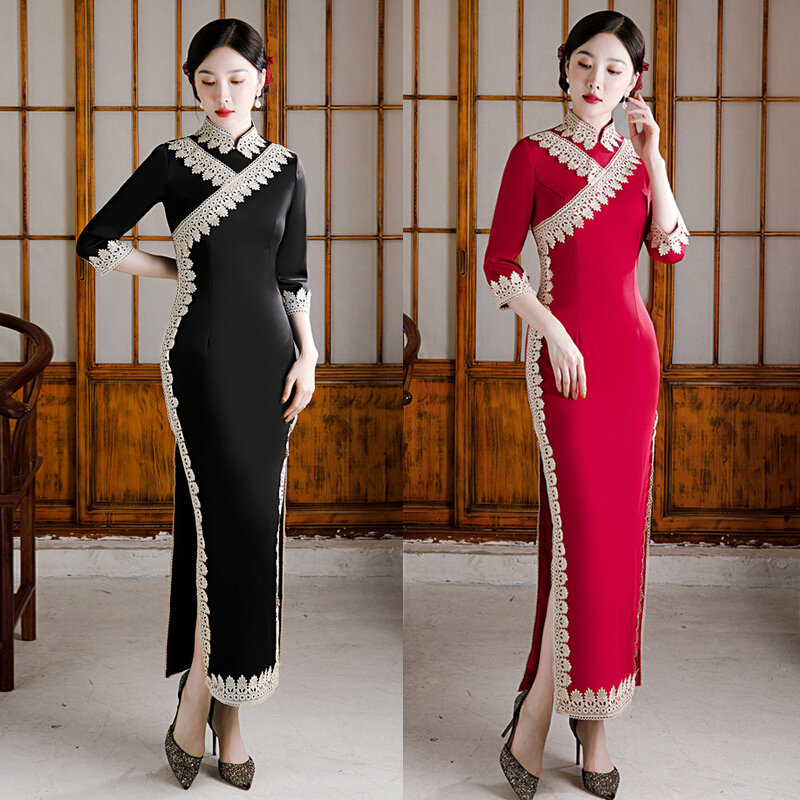 Женское винтажное атласное платье-Ципао с кружевной отделкой и воротником-стойкой
