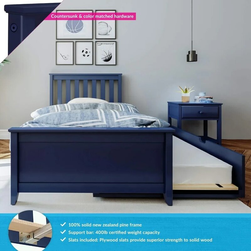 Marco de cama de madera con cabecero para niños, Bases y marcos de cama Trundle, muebles azules listados para niños