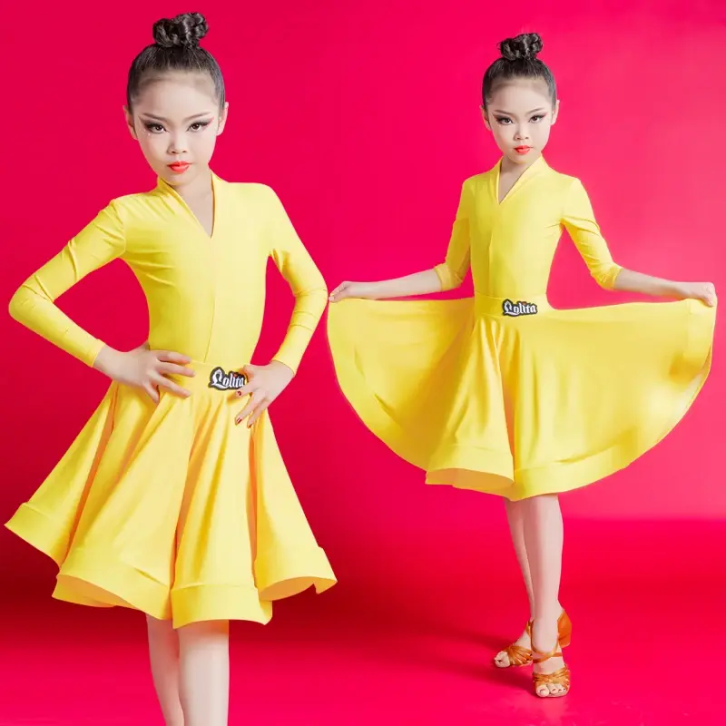 Neue Kinder Latin Dance Kleid Mädchen Tanz Übungs kleid Latin Dance Kleid Langarm Wettbewerb Split Frauen Perfo