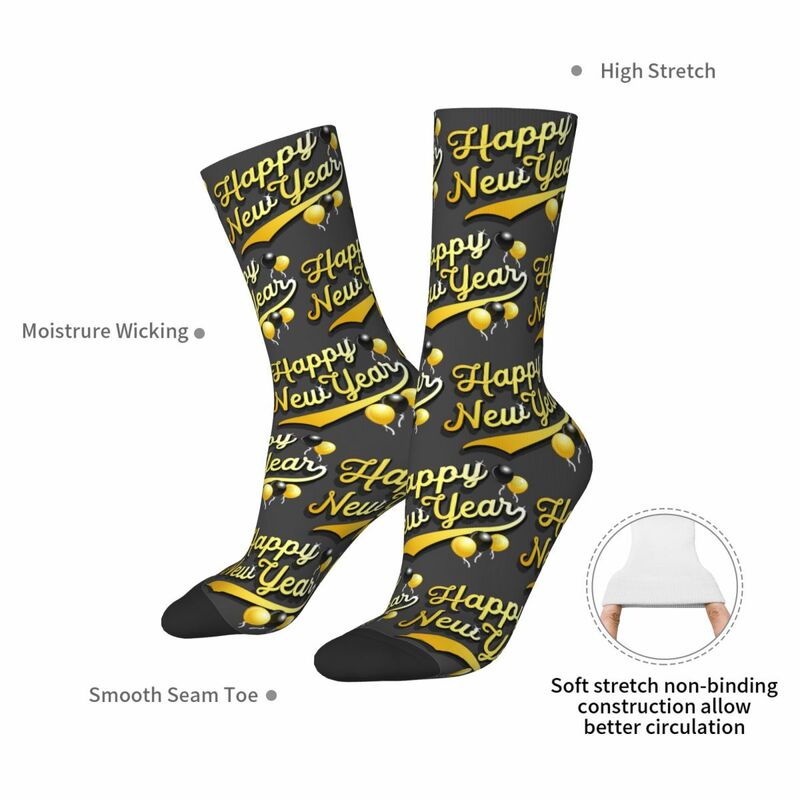 Happy New Year! With Black And Gold Balloons Socks Harajuku Sweat Absorbing Stockings All Season Long Socks Accessories