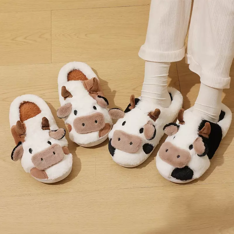 New Winter Unisex Cartoon Cow Warm Plush Slippers Couple's Indoor Non-slip House Slides Men And Women Toe Wrap Home Cotton Shoes