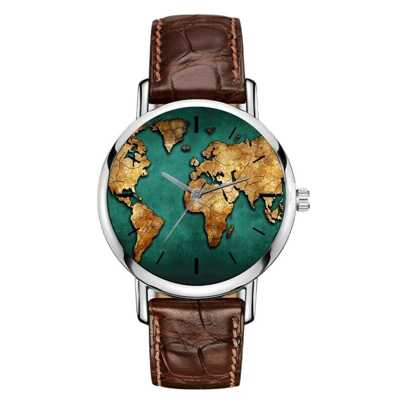 แฟชั่นโลกแผนที่นาฬิกา Travel Globe นาฬิกาข้อมือหนัง Watchband