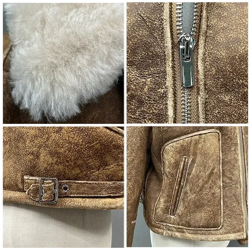 Lady 2023 Fashion Shearling giacche in pelle donna moda vera lana pelliccia di agnello cappotto in pelle di pecora inverno Moto Biker Jacket