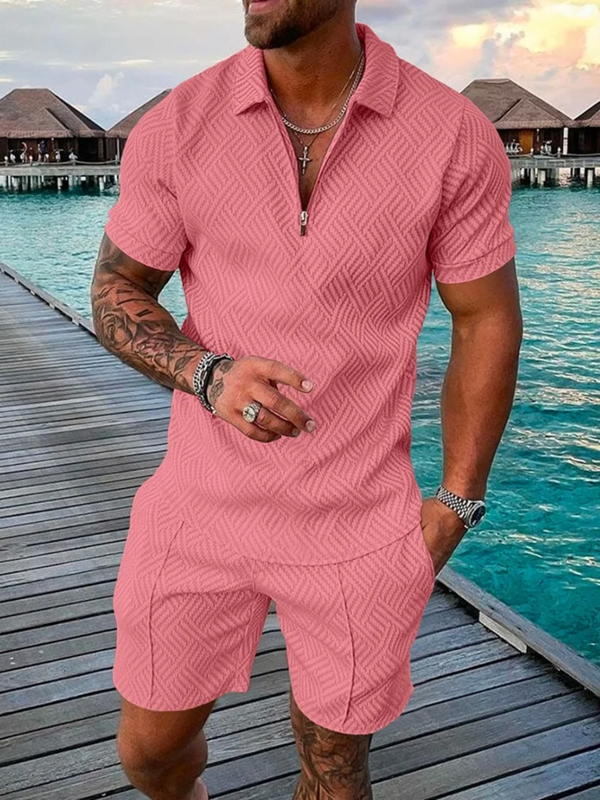 Hawaiian Men Sweatsuit Set Solid Color 3D Print Casual Zipper Collar Polo Shirt Shorts 2pcs Sets Streetwear Fashion Man Clothing