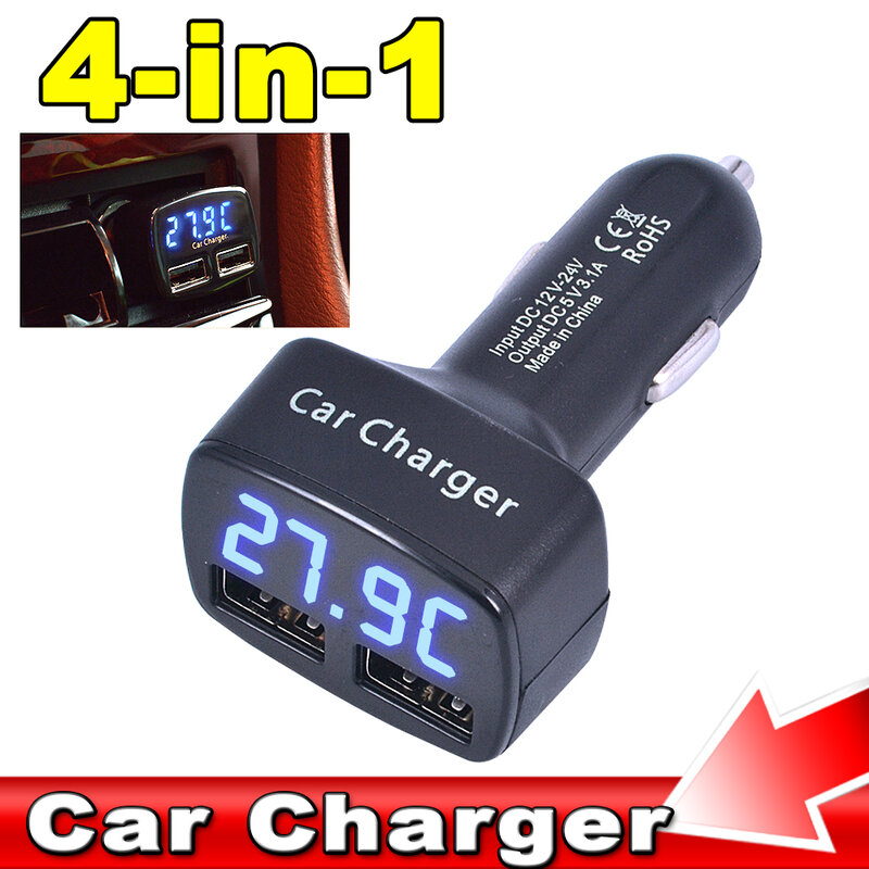 4 In 1 Car Charger Quick Charge 3.1A Dual Usb Lcd Display with Temperature/voltage/current Meter Tester Adapter Digital Display