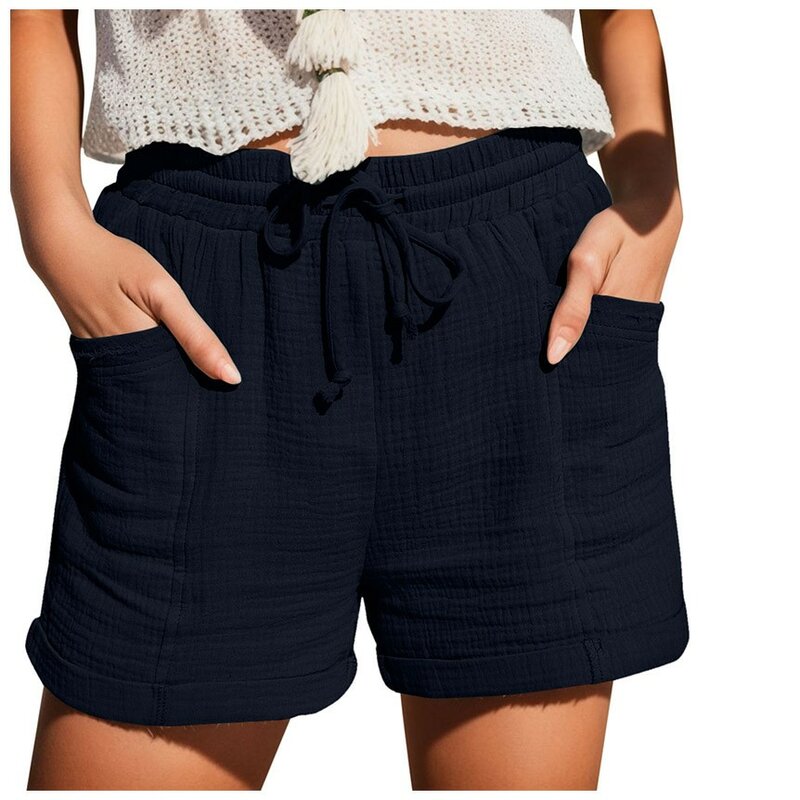 Celana pendek katun Linen musim panas wanita, celana pendek kasual polos pinggang tinggi tali serut elastis longgar nyaman olahraga
