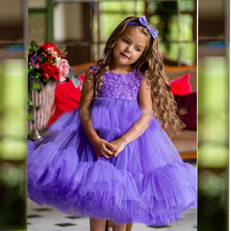 Кружевное Пышное Платье с цветочной аппликацией для девочек, платья принцессы без рукавов для первого причастия, милое платье для дня рождения, детской модели